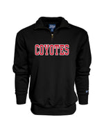 Black fleece quarter zip with 'COYOTES' in red and white across chest. 