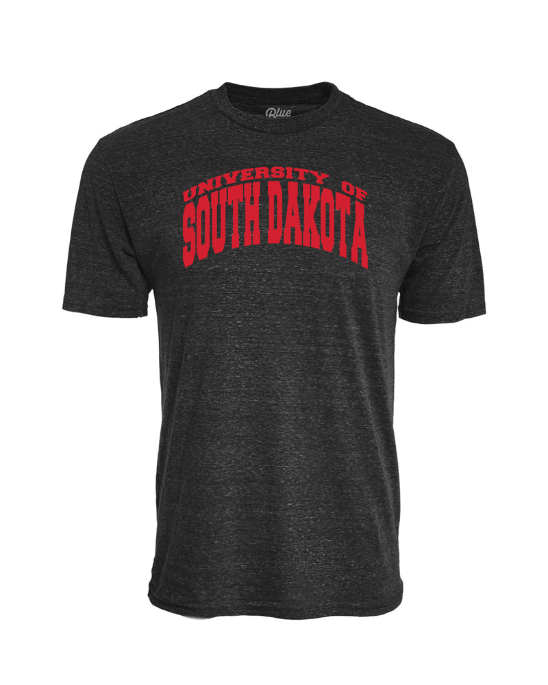 Black tri-blend tee with red 'UNIVERSITY OF SOUTH DAKOTA' across chest. 