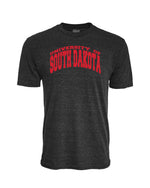 Black tri-blend tee with red 'UNIVERSITY OF SOUTH DAKOTA' across chest. 