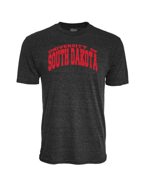 Black tri-blend tee with red 'UNIVERSITY OF SOUTH DAKOTA' across chest. 