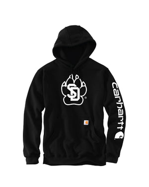 Carhartt black hoodie with white SD Paw graphic across chest and Carhartt wordmark logo down the sleeve.