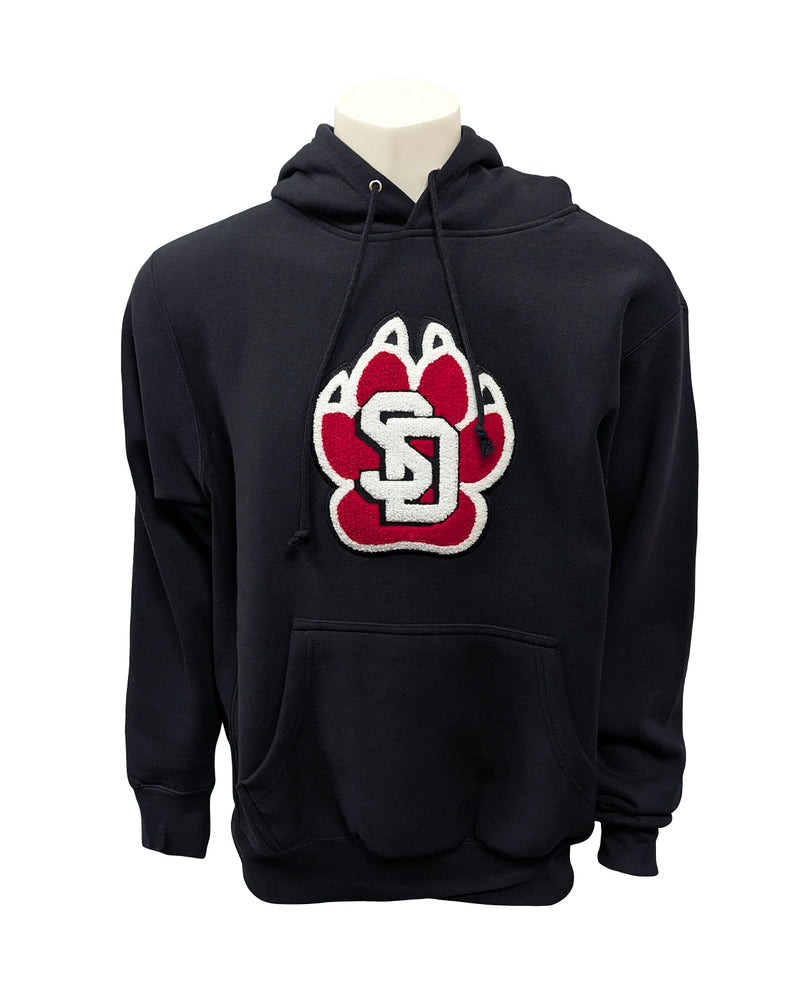 Black hoodie with large chenille SD Paw logo on chest. 