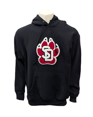 Black hoodie with large chenille SD Paw logo on chest. 