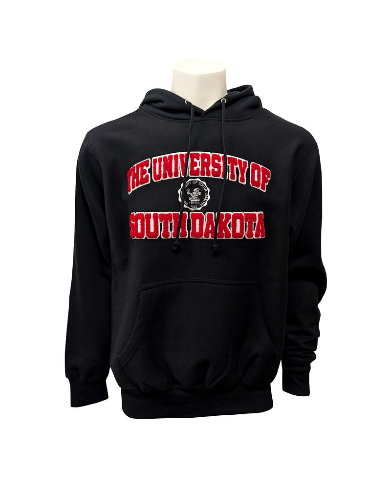 Black hoodie with chenille red and white letters, 'THE UNIVERSITY OF SOUTH DAKOTA,' with white embroidered university seal in the center. 