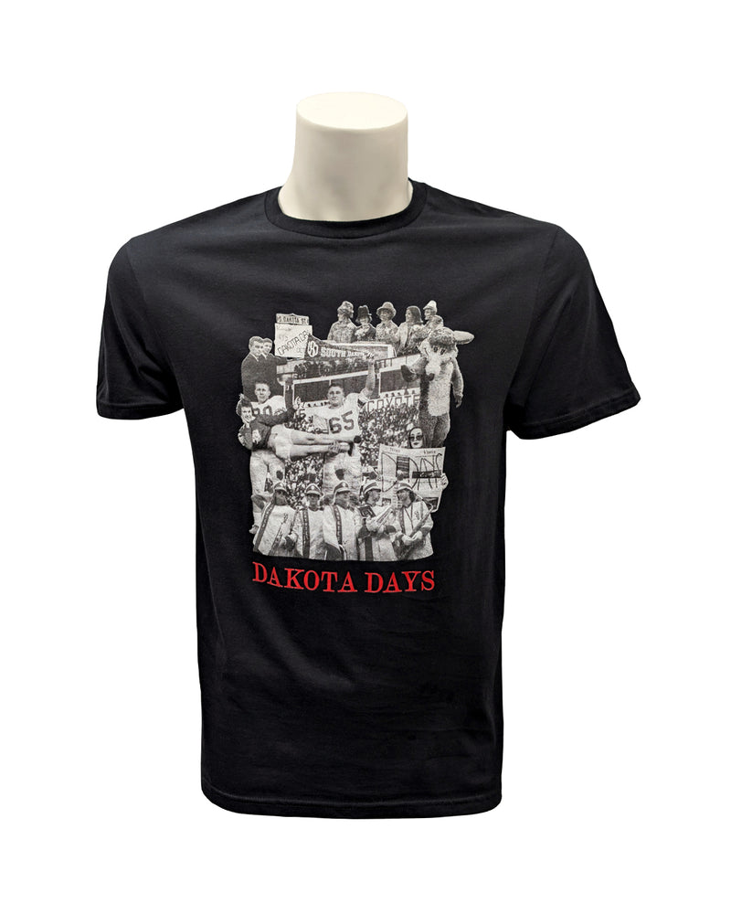Black tee with collage of vintage black and white Dakota Days photos and red text below 'DAKOTA DAYS.'