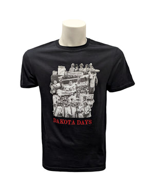 Black tee with collage of vintage black and white Dakota Days photos and red text below 'DAKOTA DAYS.'