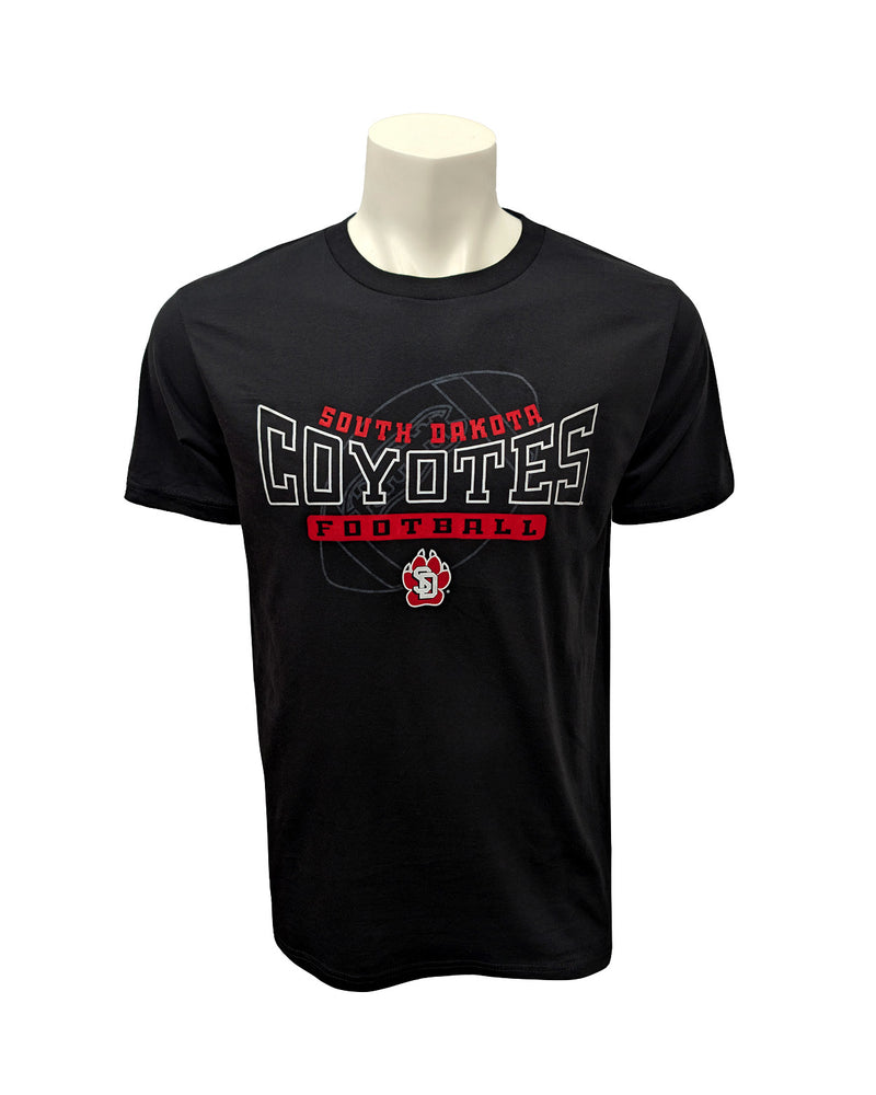 Black football short sleeve tee with red and white text 'SOUTH DAKOTA COYOTES FOOTBALL,'