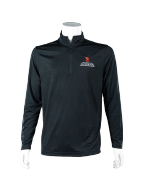 Black quarter zip with white embroidered, 'UNIVERSITY OF SOUT DAKOTA KNUDSON SCHOOL OF LAW,' and red SD logo above on upper left chest. 