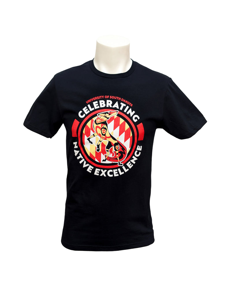 Black short-sleeve tee with white, red and cream text and design that says, 'UNIVERSITY OF SOUTH DAKOTA CELEBRATING NATIVE EXCELLENCE.'