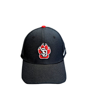 Black Nike structured dri fit hat with embroidered SD Paw logo in red, white and black on front and Nike swish logo on left side.