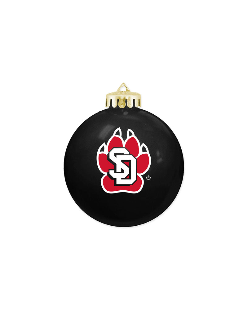 Black glass ball ornament with red and white SD Paw logo imprint.