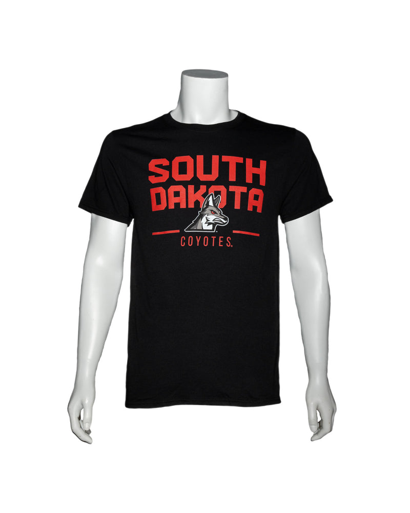 Black short-sleeve unisex tee with large graphic across chest that is red text, ‘SOUTH DAKOTA COYOTES,’ with smaller new Coyote logo below.