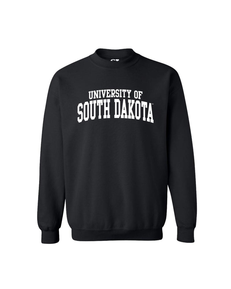 Black crew with white 'UNIVERSITY OF SOUTH DAKOTA,' graphic across chest.