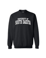 Black crew with white 'UNIVERSITY OF SOUTH DAKOTA,' graphic across chest.