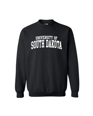 Black crew with white 'UNIVERSITY OF SOUTH DAKOTA,' graphic across chest.