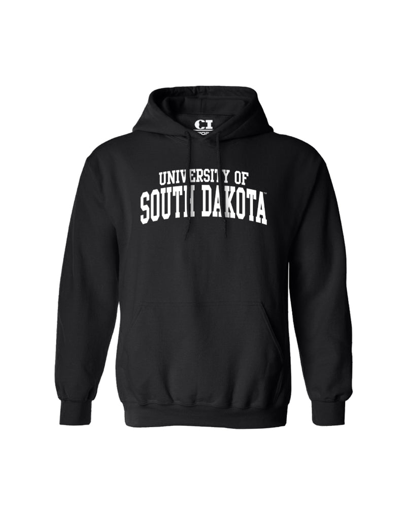 Black hoodie with white, 'UNIVERSITY OF SOUTH DAKOTA,' graphic across chest.
