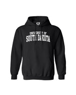 Black hoodie with white, 'UNIVERSITY OF SOUTH DAKOTA,' graphic across chest.