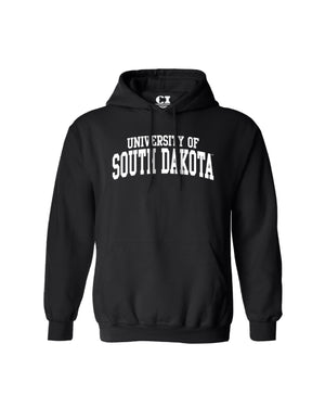 Black hoodie with white, 'UNIVERSITY OF SOUTH DAKOTA,' graphic across chest.