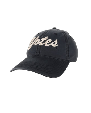 Washed black color hat with beige puff embroidered 'Yotes' across font.