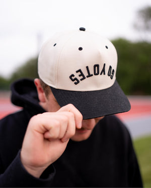 Person wearing a cap with 'Goyotes' text upside down blurred background