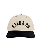 Beige and black cap with upside down embroidered 'GO YOTES.' 