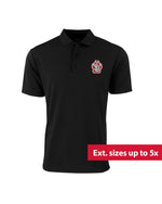 Black polo with red, white and black SD Paw logo on upper left chest. Red graphic overlaid on image with text 'Ext. sizesup to 5x.'