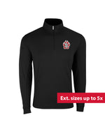 Black quarter zip with embroidered SD Paw logo on upper left chest and text overlaid on image that reads 'Ext. sizes up to 5x.'
