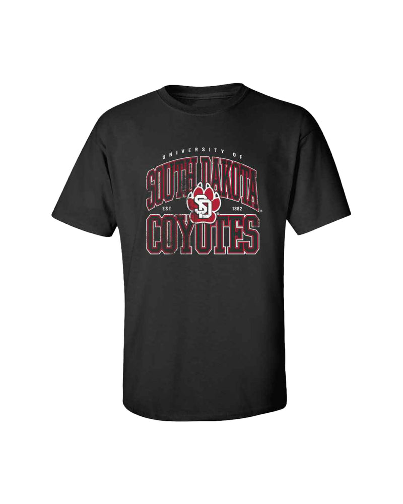 Black tee with distressed screenprint in white and red text 'UNIVERSITY OF SOUTH DAKOTA COYOTES EST. 1862.'