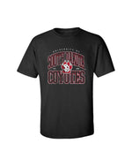 Black tee with distressed screenprint in white and red text 'UNIVERSITY OF SOUTH DAKOTA COYOTES EST. 1862.'