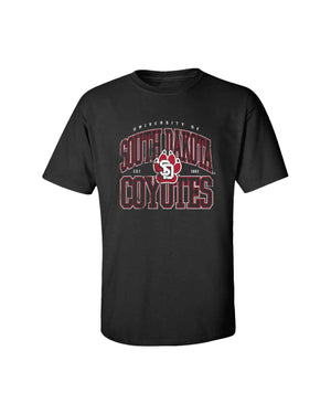 Black tee with distressed screenprint in white and red text 'UNIVERSITY OF SOUTH DAKOTA COYOTES EST. 1862.'
