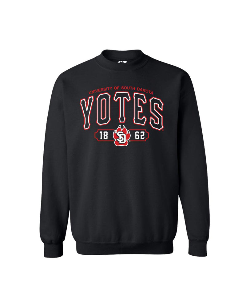 Black sweatshirt with embroidered 'Yotes' and 'University of South Dakota' text with SD Paw logo.