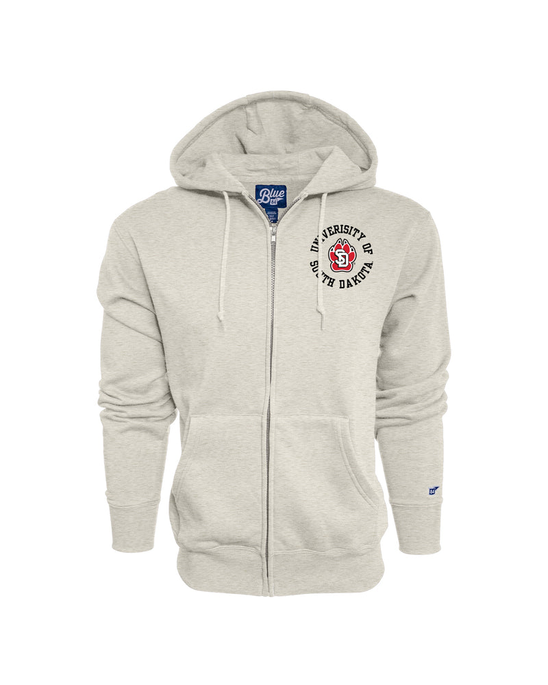 Oatmeal full zip hoodie with 'UNIVERSITY OF SOUTH DAKOT' and SD Paw logo on upper left chest.