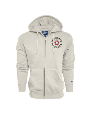 Oatmeal full zip hoodie with 'UNIVERSITY OF SOUTH DAKOT' and SD Paw logo on upper left chest.