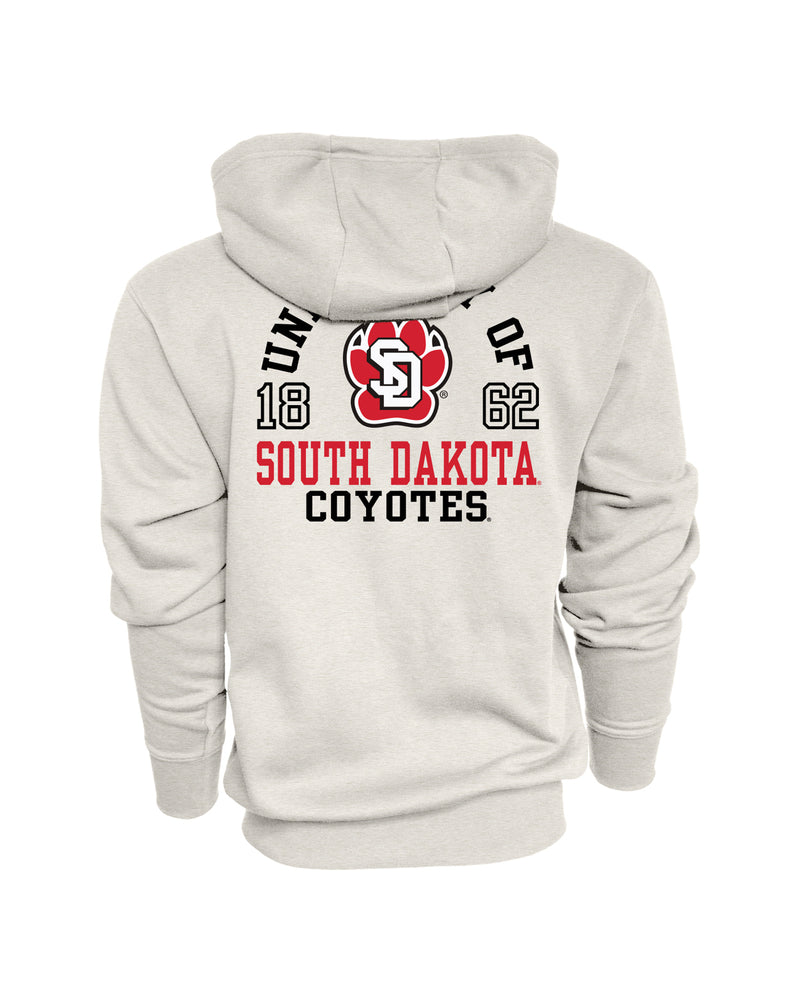 Back of oatmeal full-zip hoodie with large print design 'UNIVERSITY OF SOUTH DAKOTA COYOTES 1862.'