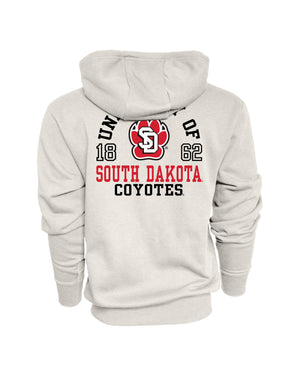 Back of oatmeal full-zip hoodie with large print design 'UNIVERSITY OF SOUTH DAKOTA COYOTES 1862.'