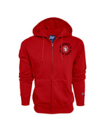 Red full zip hoodie with 'UNIVERSITY OF SOUTH DAKOT' and SD Paw logo on upper left chest.