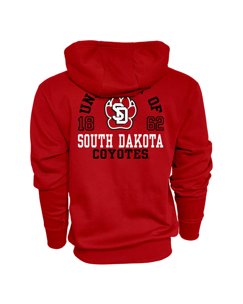 Back of red full-zip hoodie with large print design 'UNIVERSITY OF SOUTH DAKOTA COYOTES 1862.'