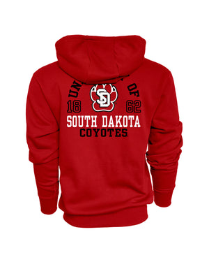 Back of red full-zip hoodie with large print design 'UNIVERSITY OF SOUTH DAKOTA COYOTES 1862.'