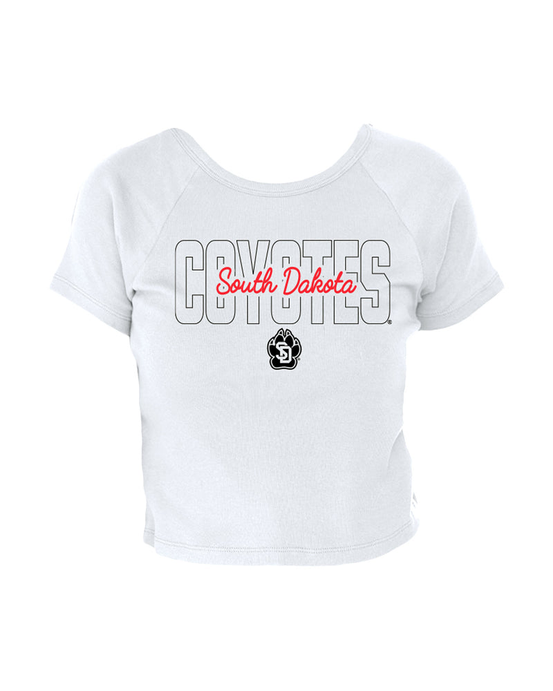 White baby tee with 'COYOTES South Dakota' across chest.