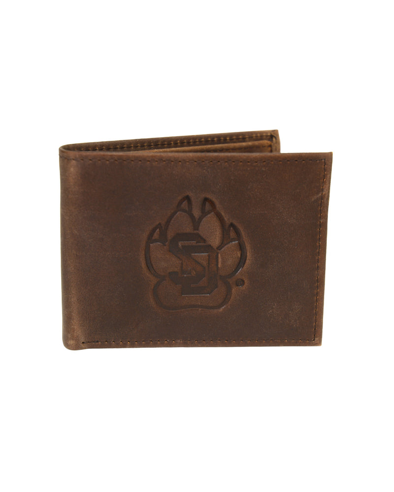 Brown bifold leather wallet with SD Paw logo on front