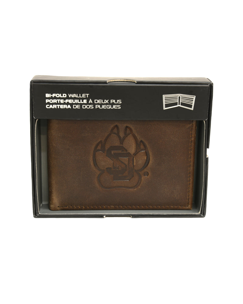 Brown bifold leather wallet with SD Paw logo on front