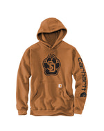 Carhartt brown hoodie with black SD Paw graphic across chest and Carhartt wordmark logo down the sleeve.