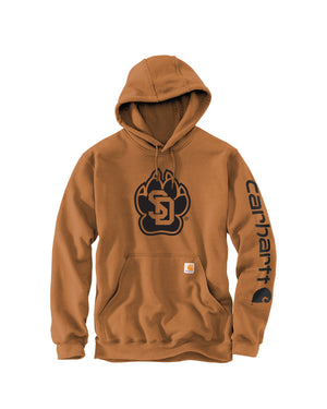 Carhartt brown hoodie with black SD Paw graphic across chest and Carhartt wordmark logo down the sleeve.