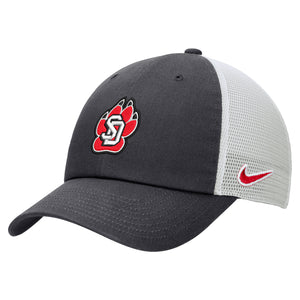 Black Nike hat with white back and large red, black and white embroidered SD Paw logo on front and red Nike logo on side. 