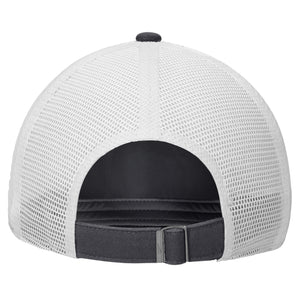 Back of black Nike hat with mesh and adjustable gray back.