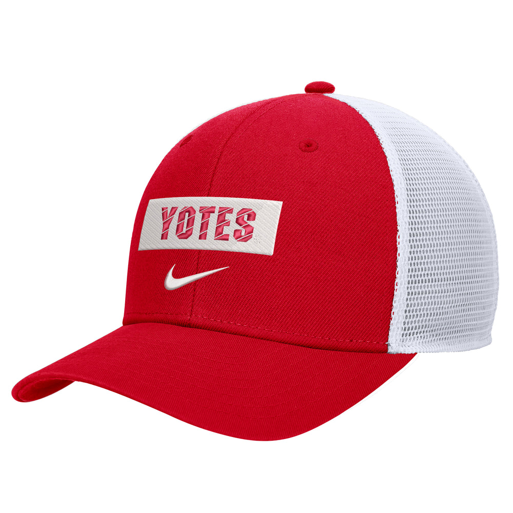 Nike red hat with white mesh back and  white embroidered, 'YOTES' on front with Nike logo below.