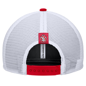 Back of hat with white mesh and red snap. SD Paw logo above snaps.