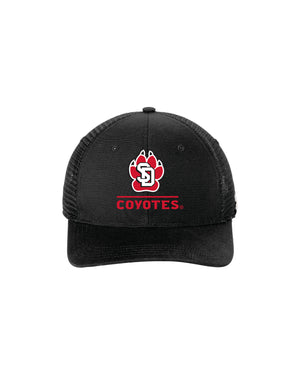 Black adjustable hat with SD Paw logo with text, 'COYOTES' below it in red