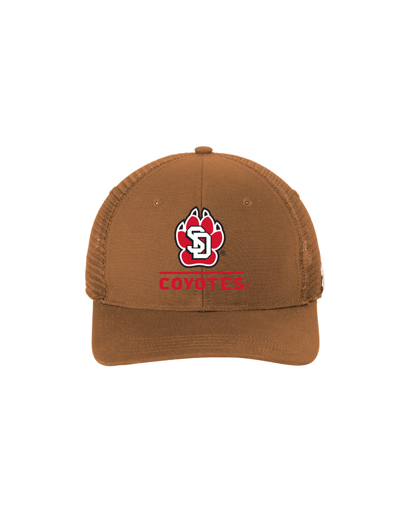 Carhartt brown adjustable hat with SD Paw logo with text, 'COYOTES' below it in red