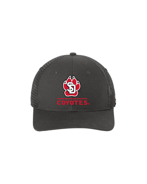 Shadow gray adjustable hat with SD Paw logo with text, 'COYOTES' below it in red 